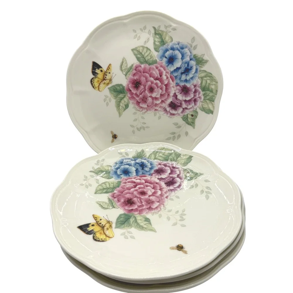 Lenox Butterfly‎ Meadow Hydrangea Porcelain Accent Plates Set of 4 Scalloped 9in